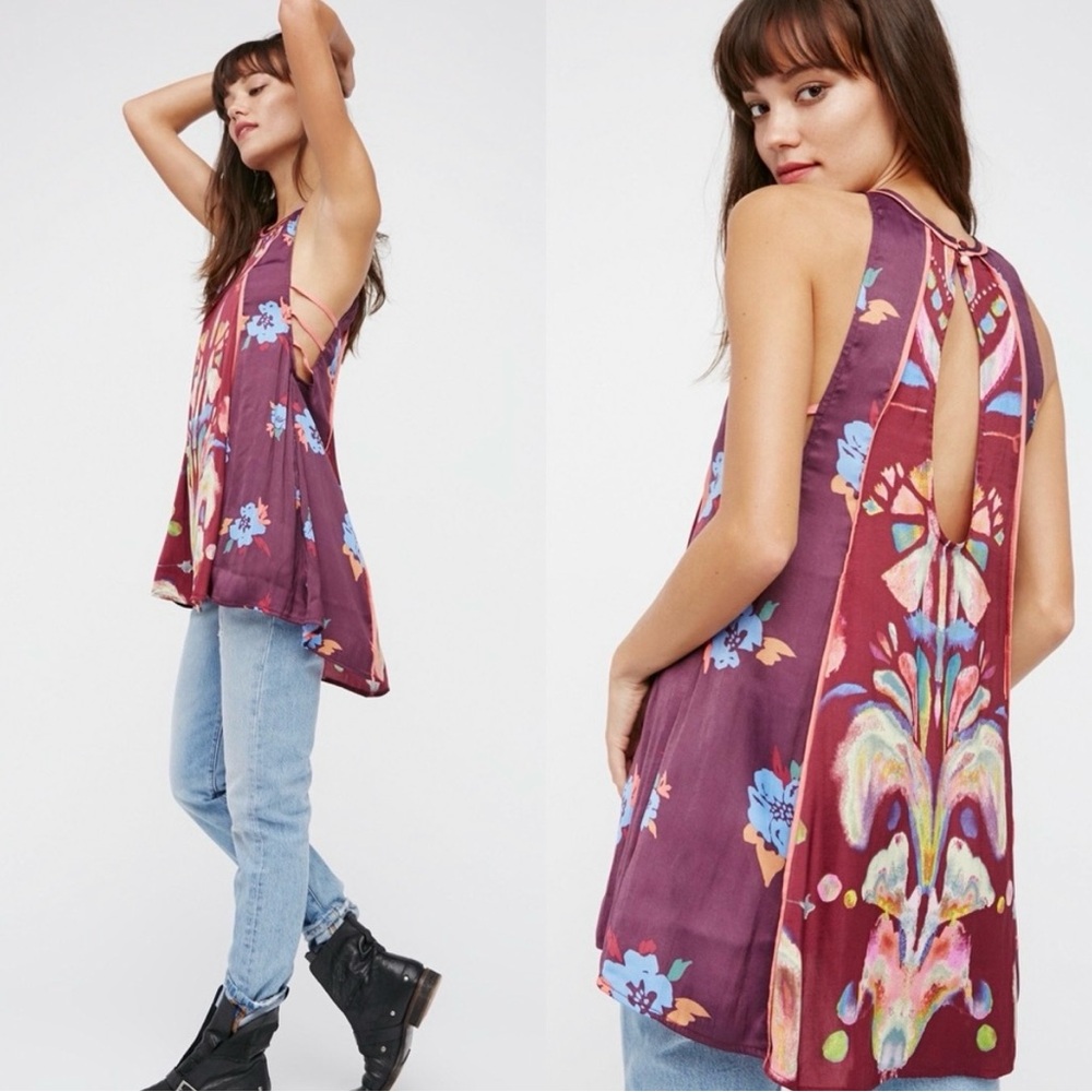 Free People ‘Dream Free’ Strappy Floral Tunic Top or Mini Swing Dress in Wine, M
